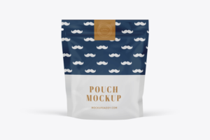 Stand Up Pouch PSD Mockup in blue and white color with golden text