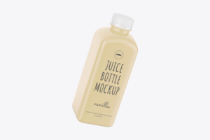 Vanilla Smoothie Bottle Mockup with transparent label and black text.