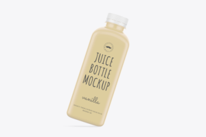 Transparent vanilla smoothie bottle mockup with label on white background.