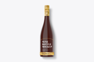 Red Wine Bottle Mockup with red and golden label and cap.