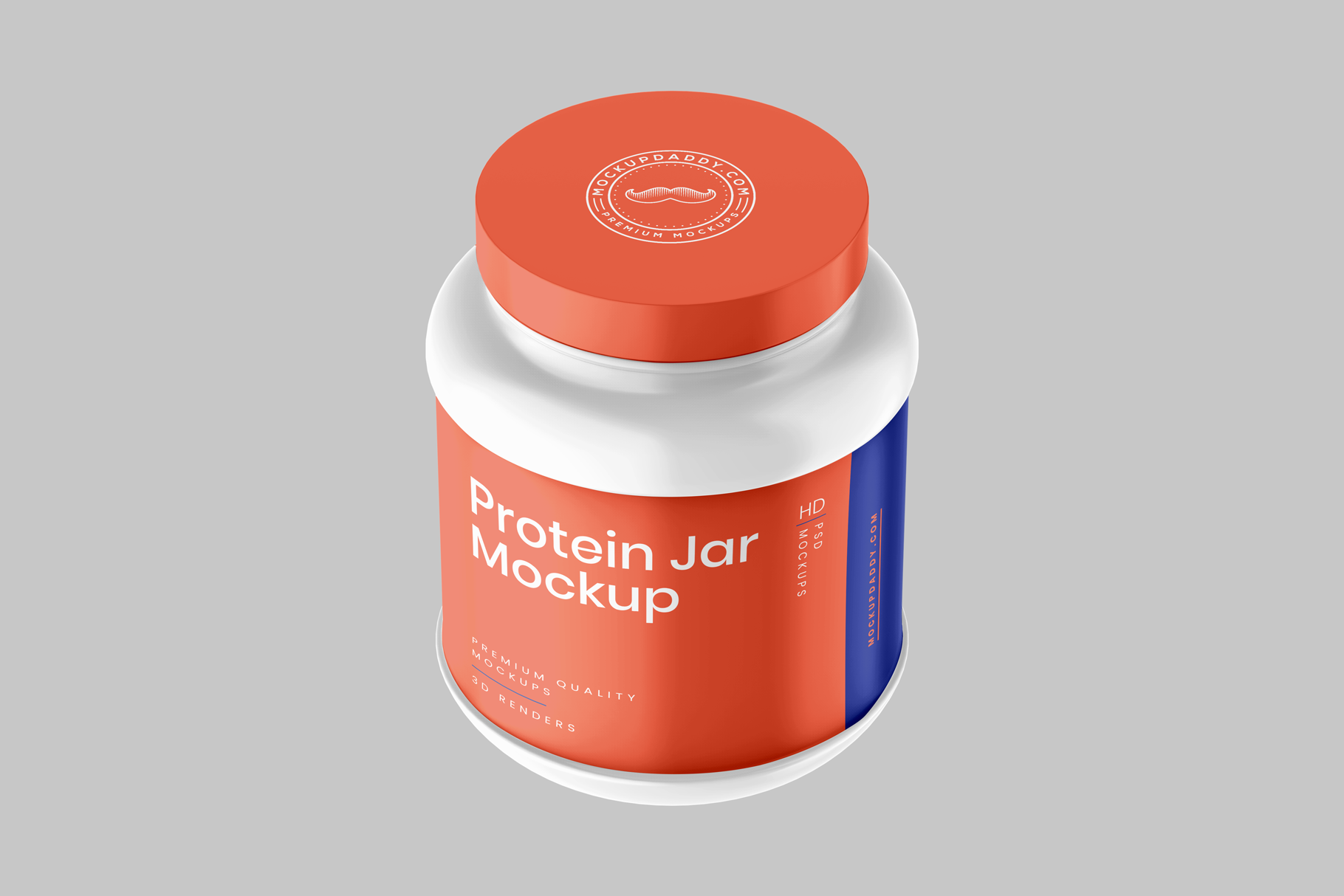 White Protein Jar Mockup with red and blue label and red lid from the top side.