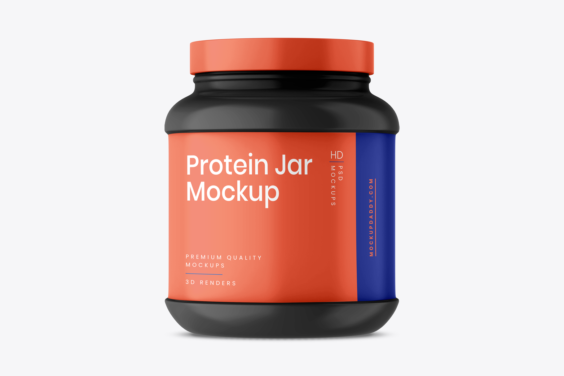 Black Protein Jar PSD Mockup with red and blue label and red lid.
