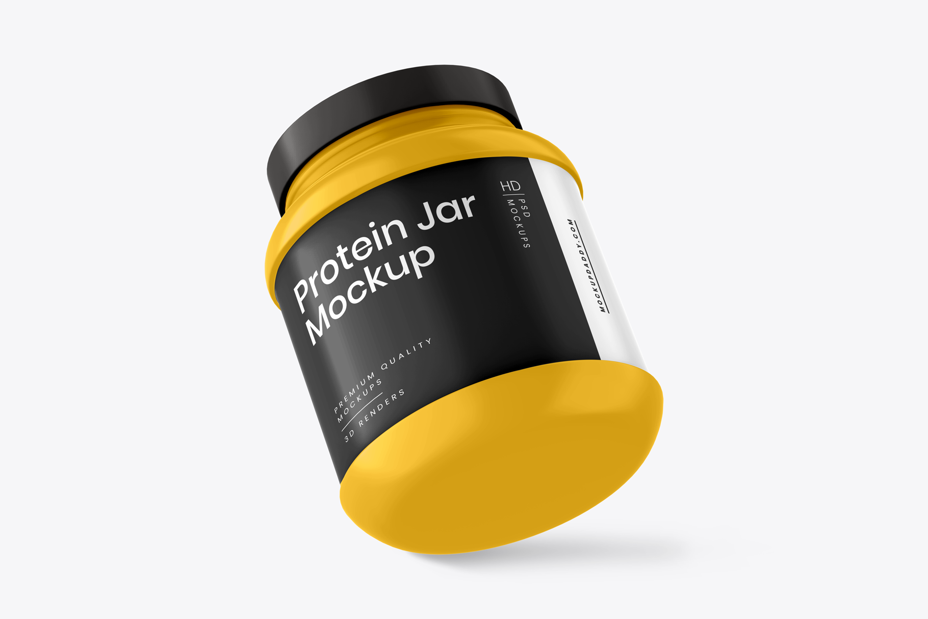 Yellow Protein Jar Psd Mockup with black and white label and black lid.