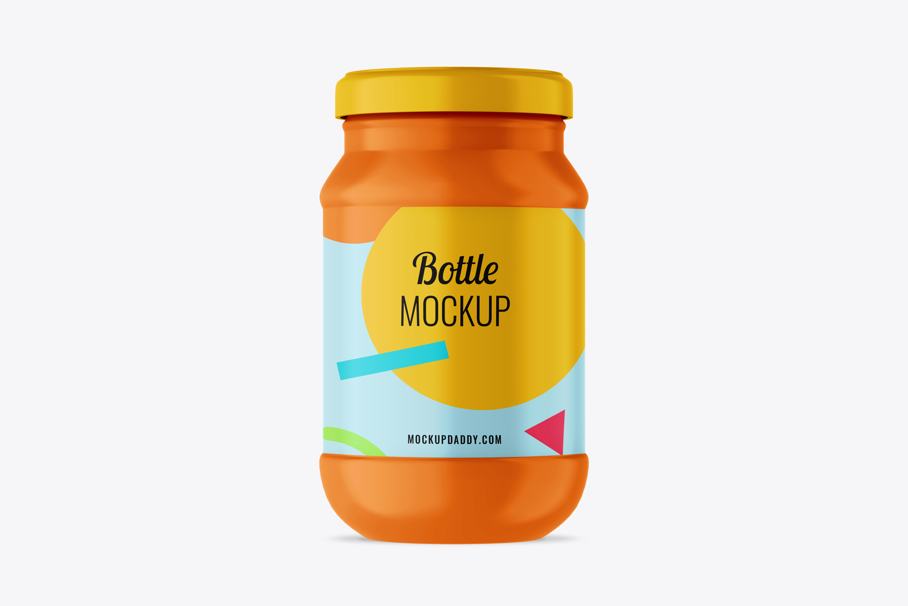 Orange Plastic Food Jar Mockup with a yellow lid and multicolor design.