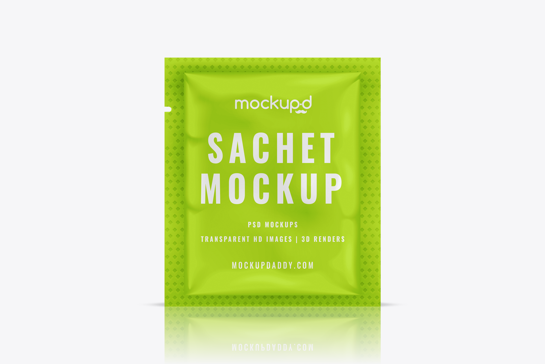 Small and wide Sachet Mockup in green color with white text