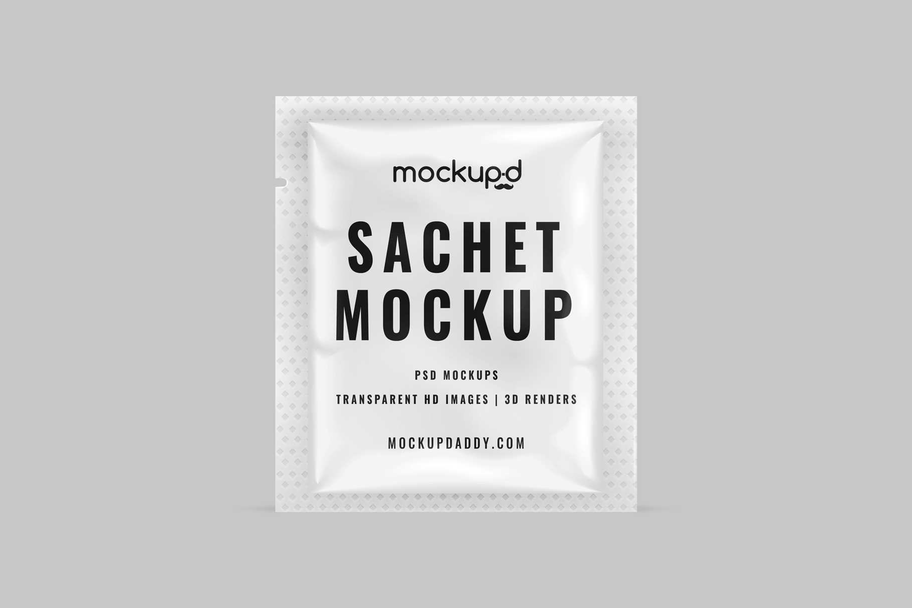 Small and wide Sachet Psd Mockup in white color with black text.