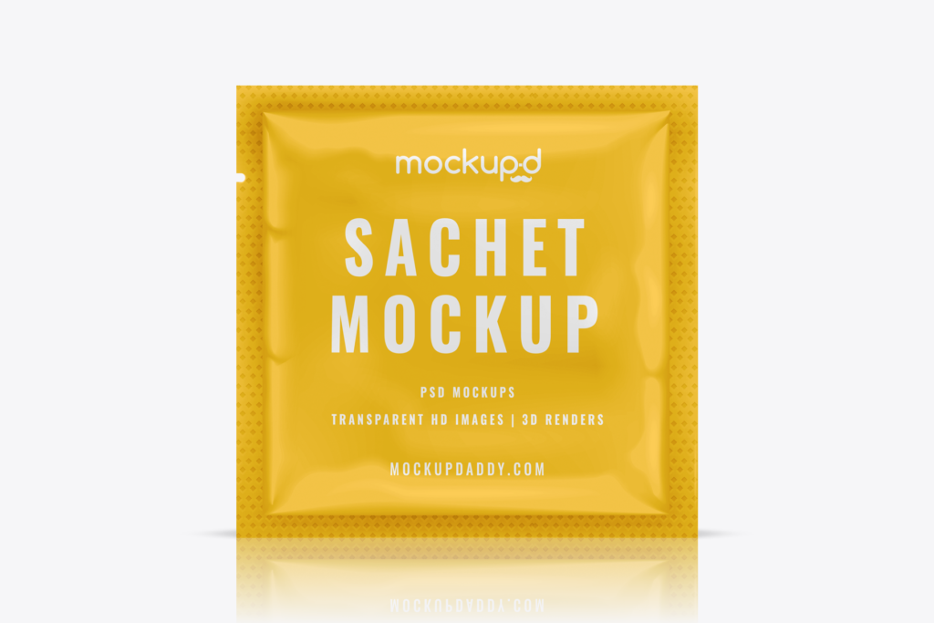 Square Sachet Mockup in yellow color with white text