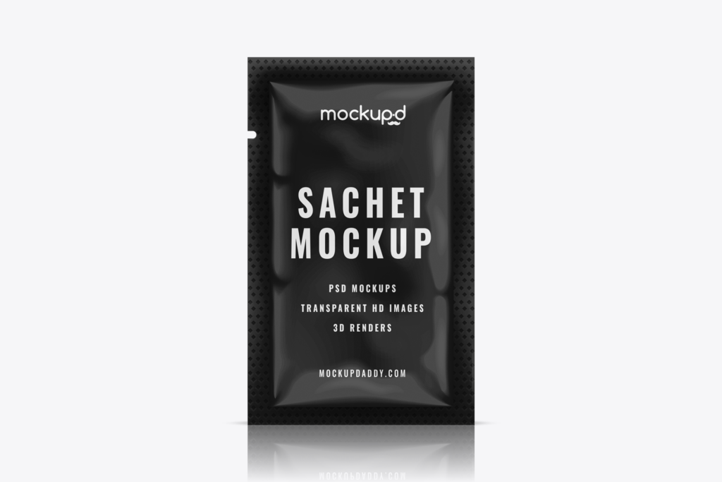 Universal Sachet Psd Mockup in black color with customizable design