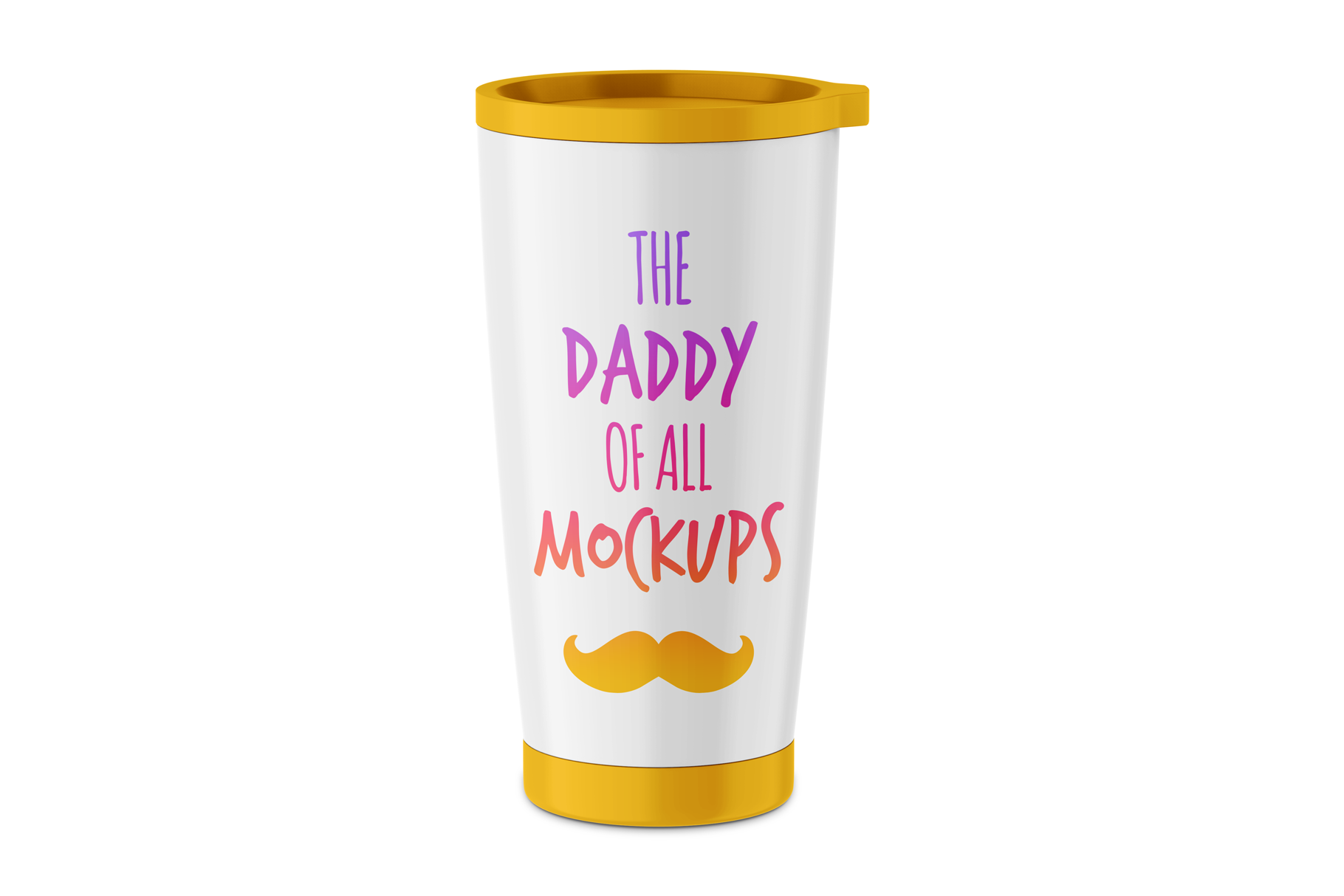 Yellow stainless steel tumbler mockup with a mustache design