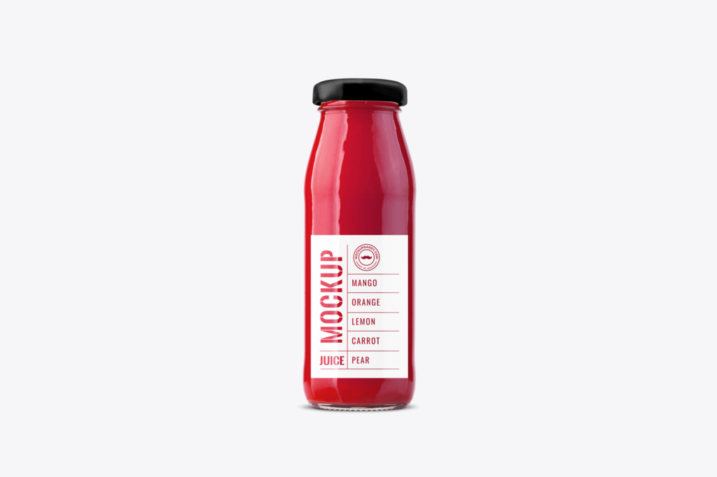 Juice Packaging bottle mockup with red label and black design.
