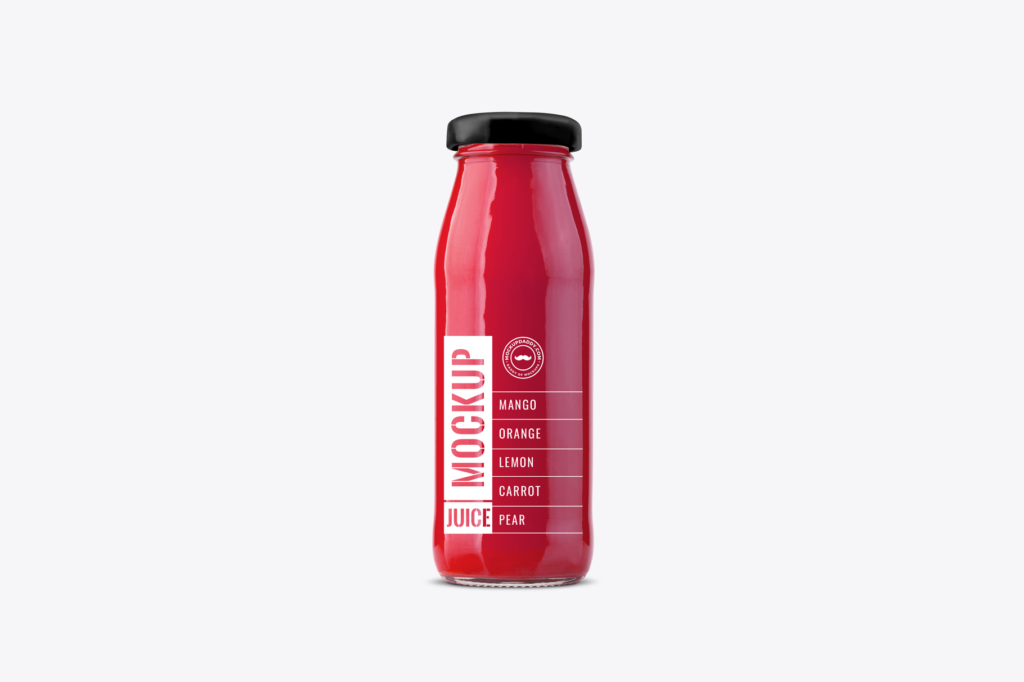 Clear Juice Bottle  Mockup with red label and black lid.