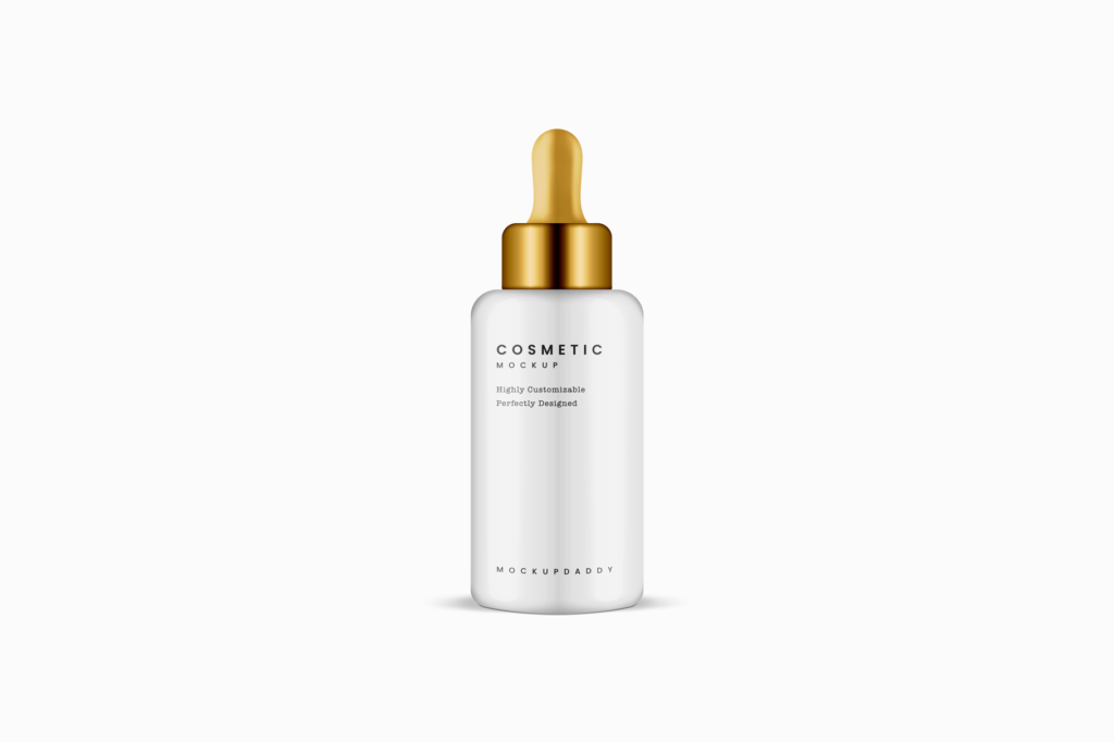White cosmetic bottle with gold dropper mockup.