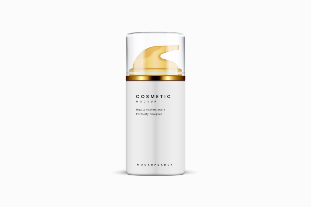 Cosmetic Mist  Mockup in White color with golden pump and transparent cap.