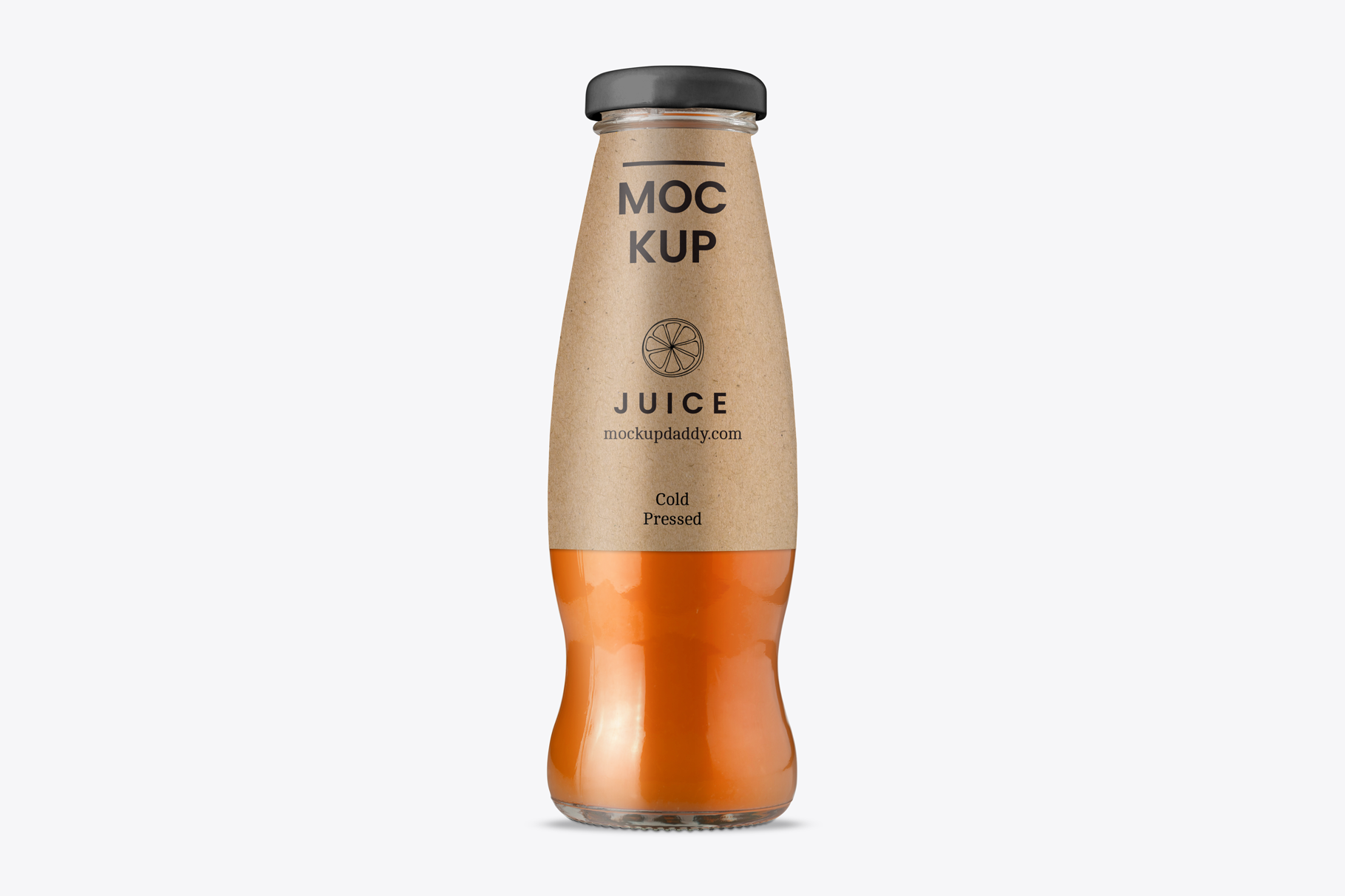 Glass Juice Bottle Mockup with brown label and black lid