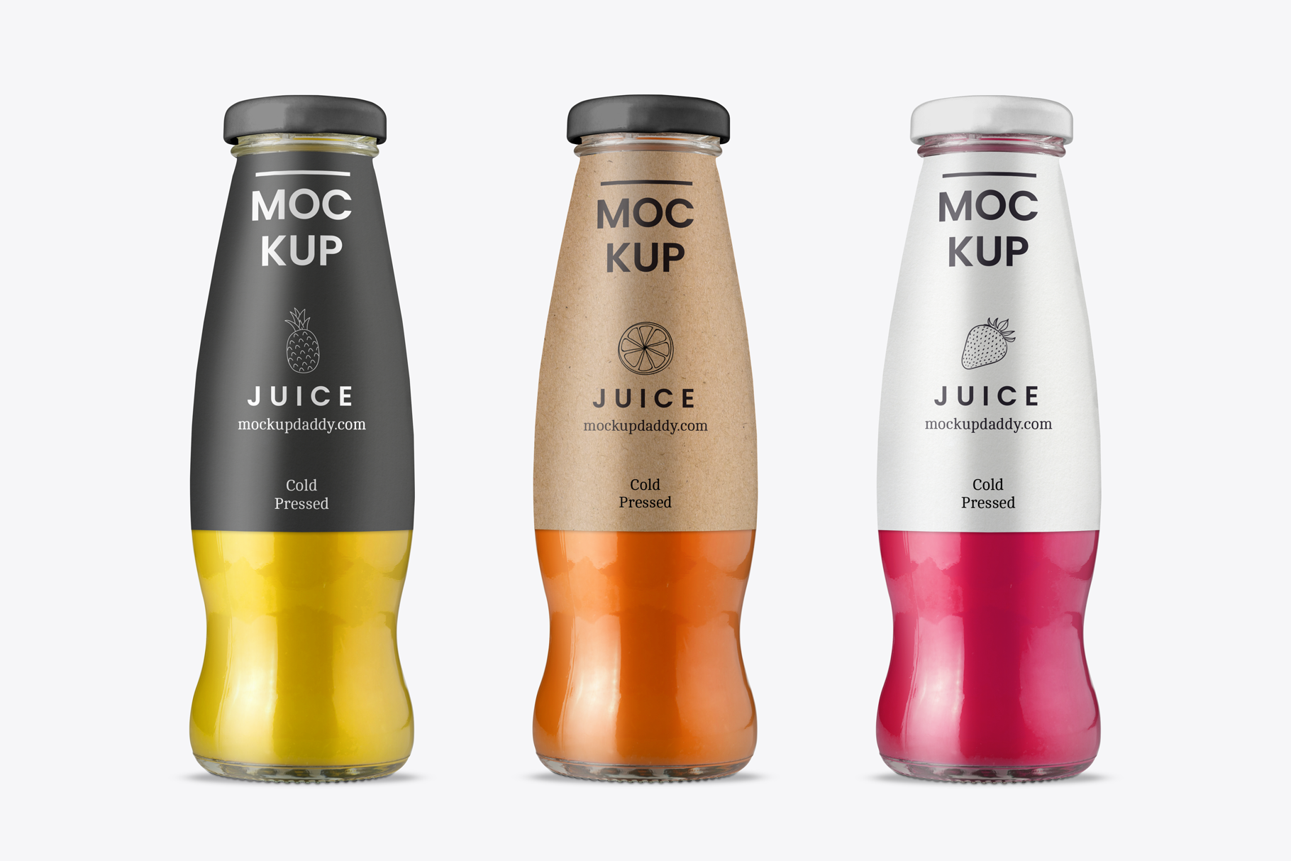  Three Glass Juice Bottle PSD Mockup with different color labels