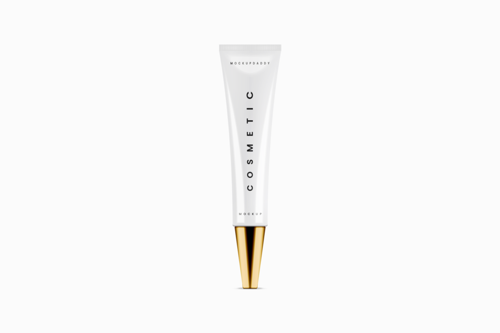 Small cosmetic Tube Mockup in White color with golden cap.