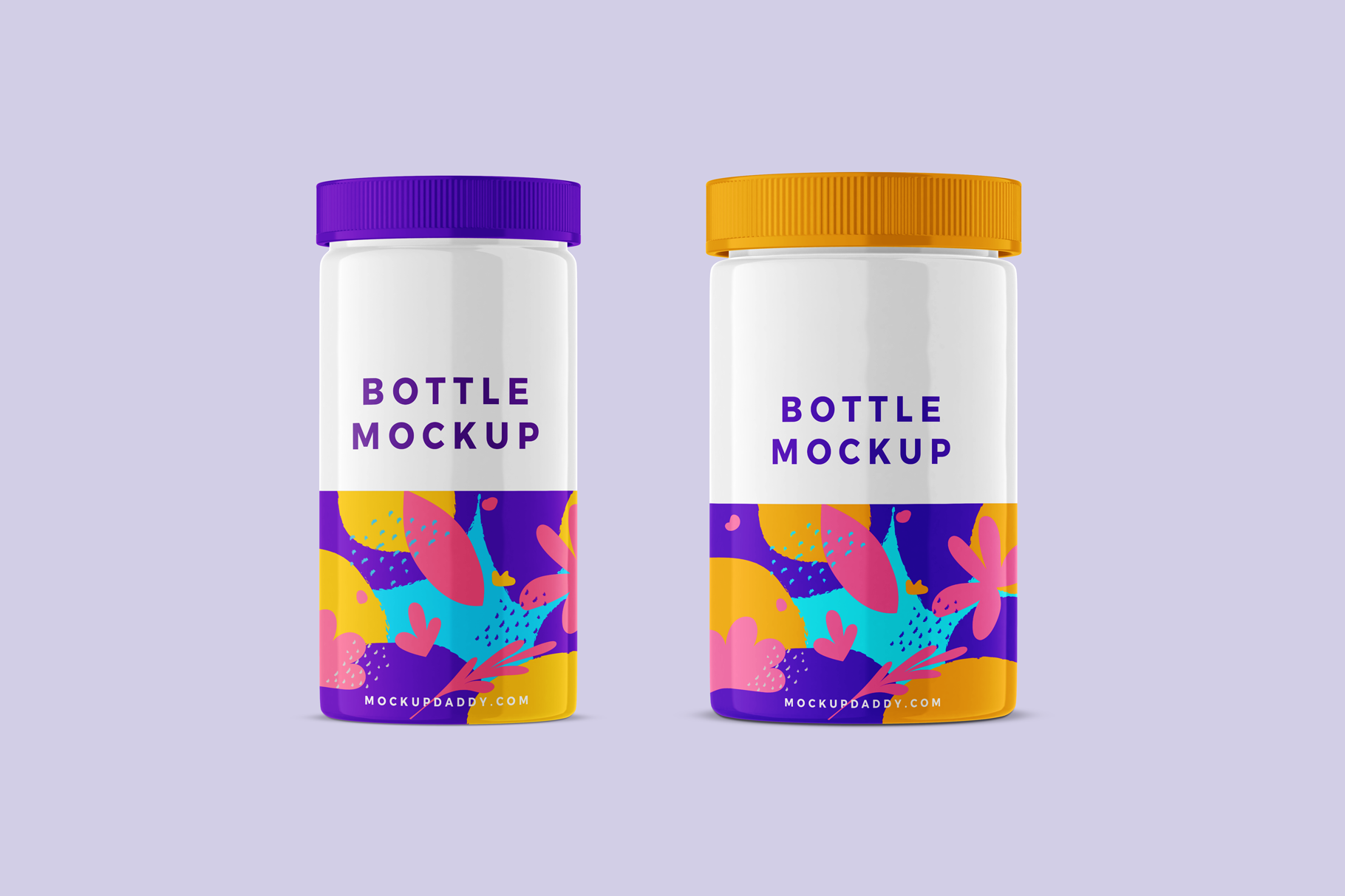  Two white Jar Packaging PSD Mockups with purple and orange cap.