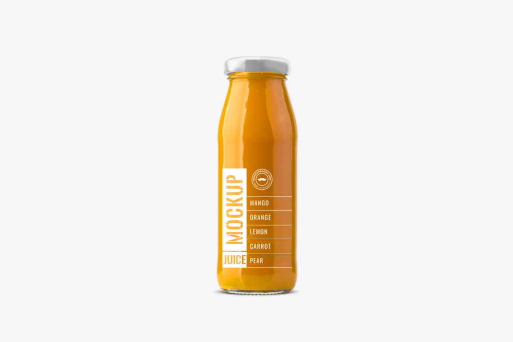 Juice Glass Bottle Mockup  with orange label and white lid