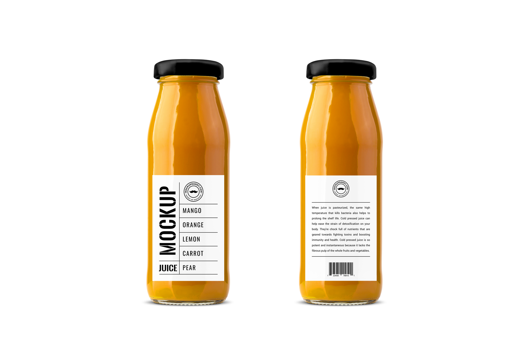 Two Juice glass bottle mockups with black lids from the back and front.