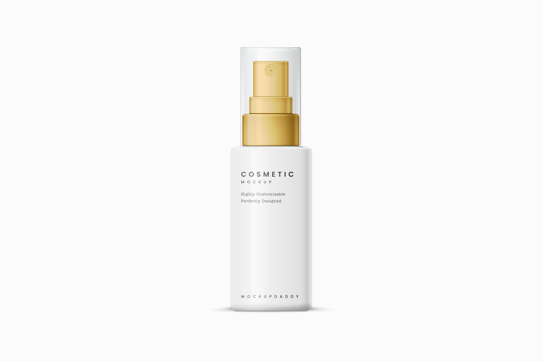 White cosmetic spray bottle mockup with golden pump and transparent cap