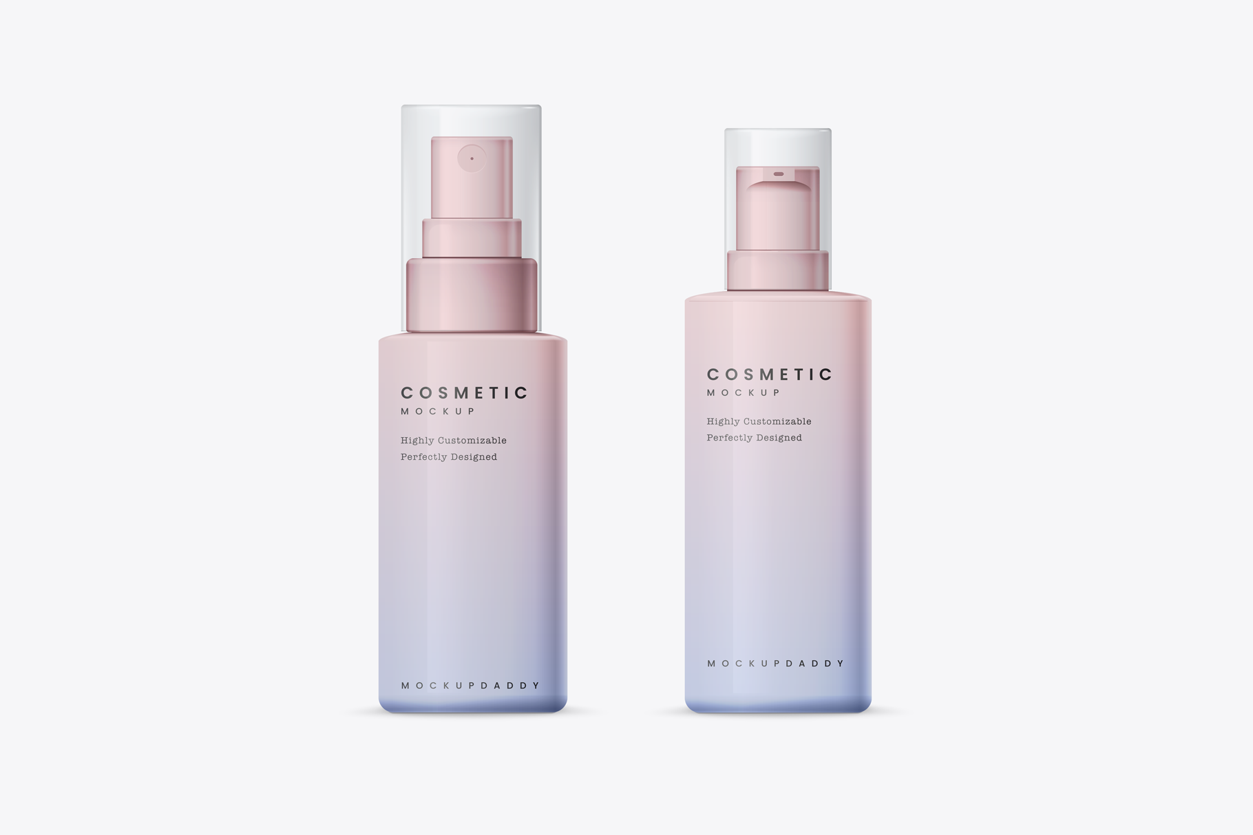  pink and blue Mist Spray Packaging mockup with transparent cap.