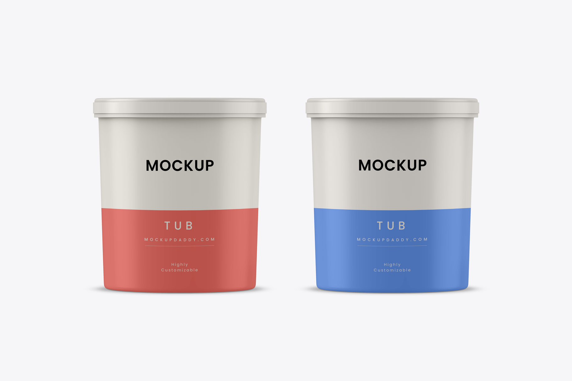 Plastic Food Bucket Container Mockup with white and blue, red lable.