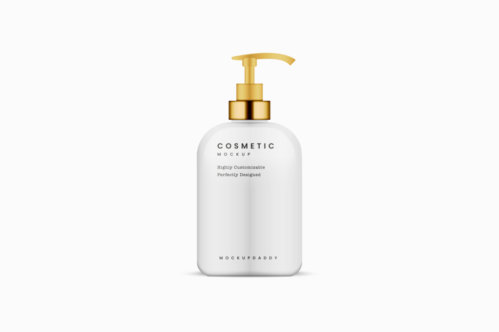 White Premium Cosmetic bottle Mockup with golden pump.