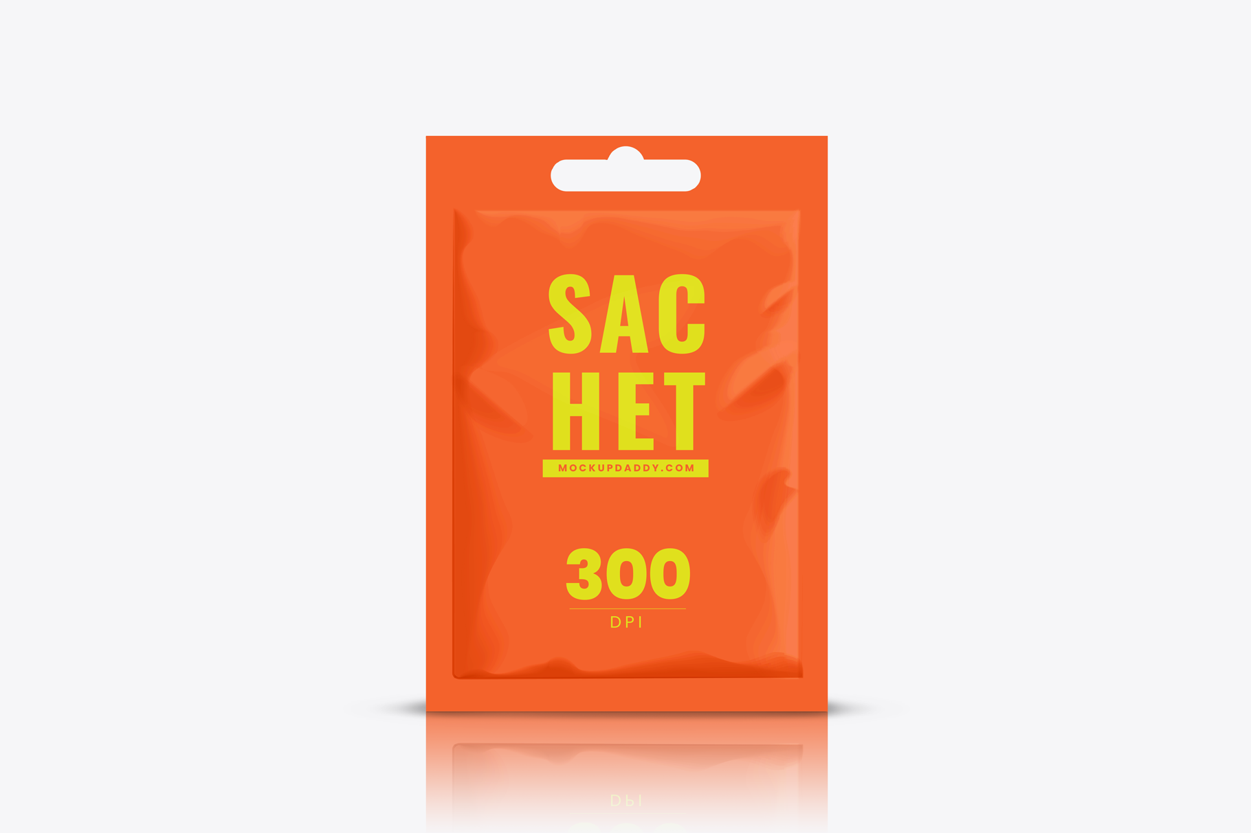 Orange pouch with yellow text mockup on white background.