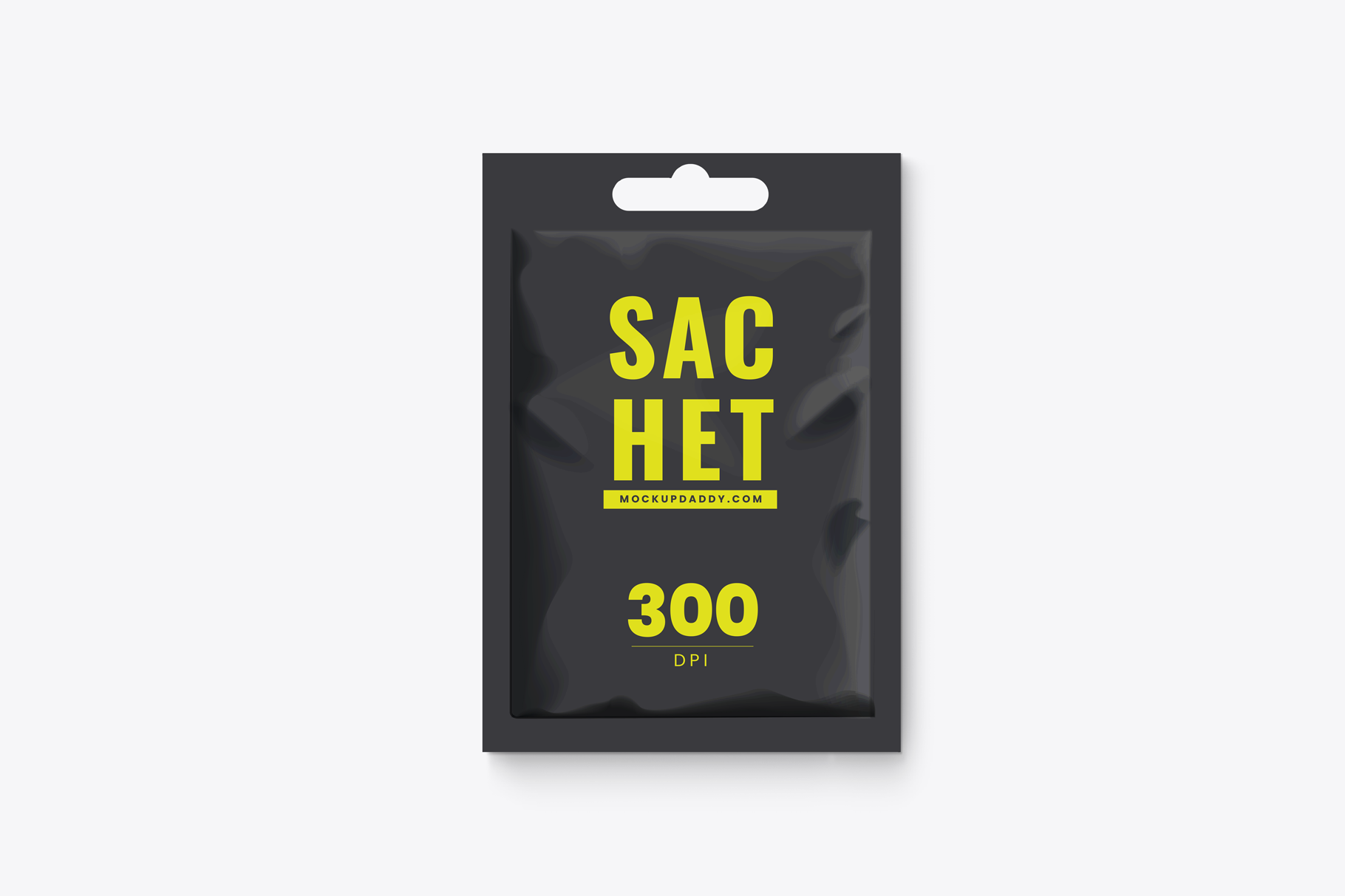 Sachet with Hanger PSD Packaging Mockup in black color with yellow text.