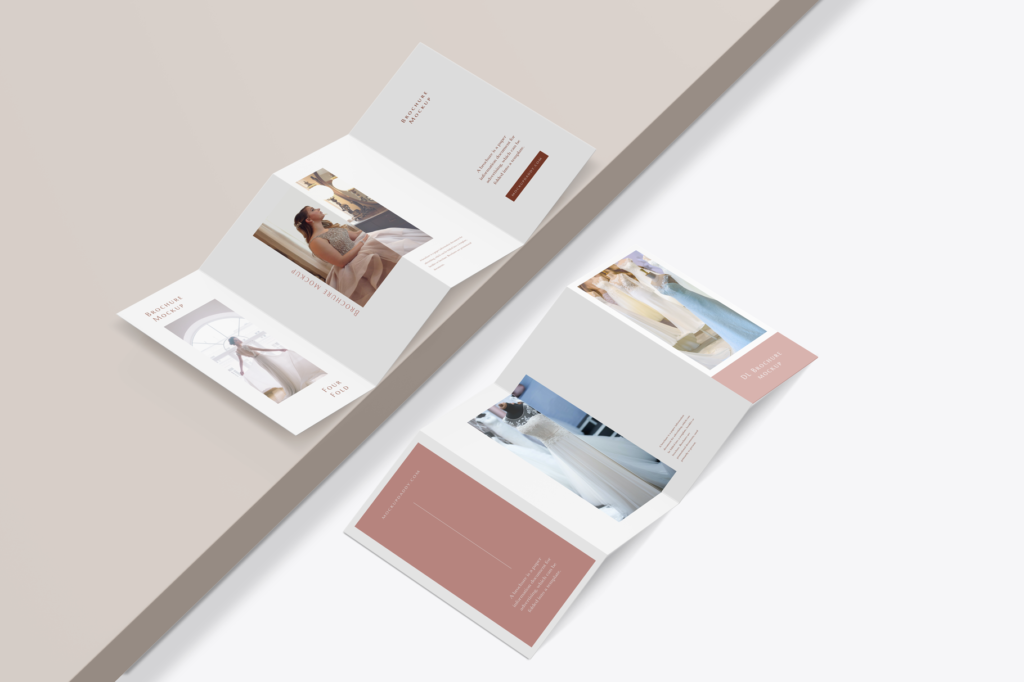 Editable DL bi-fold brochure mockup with geometric design, podium