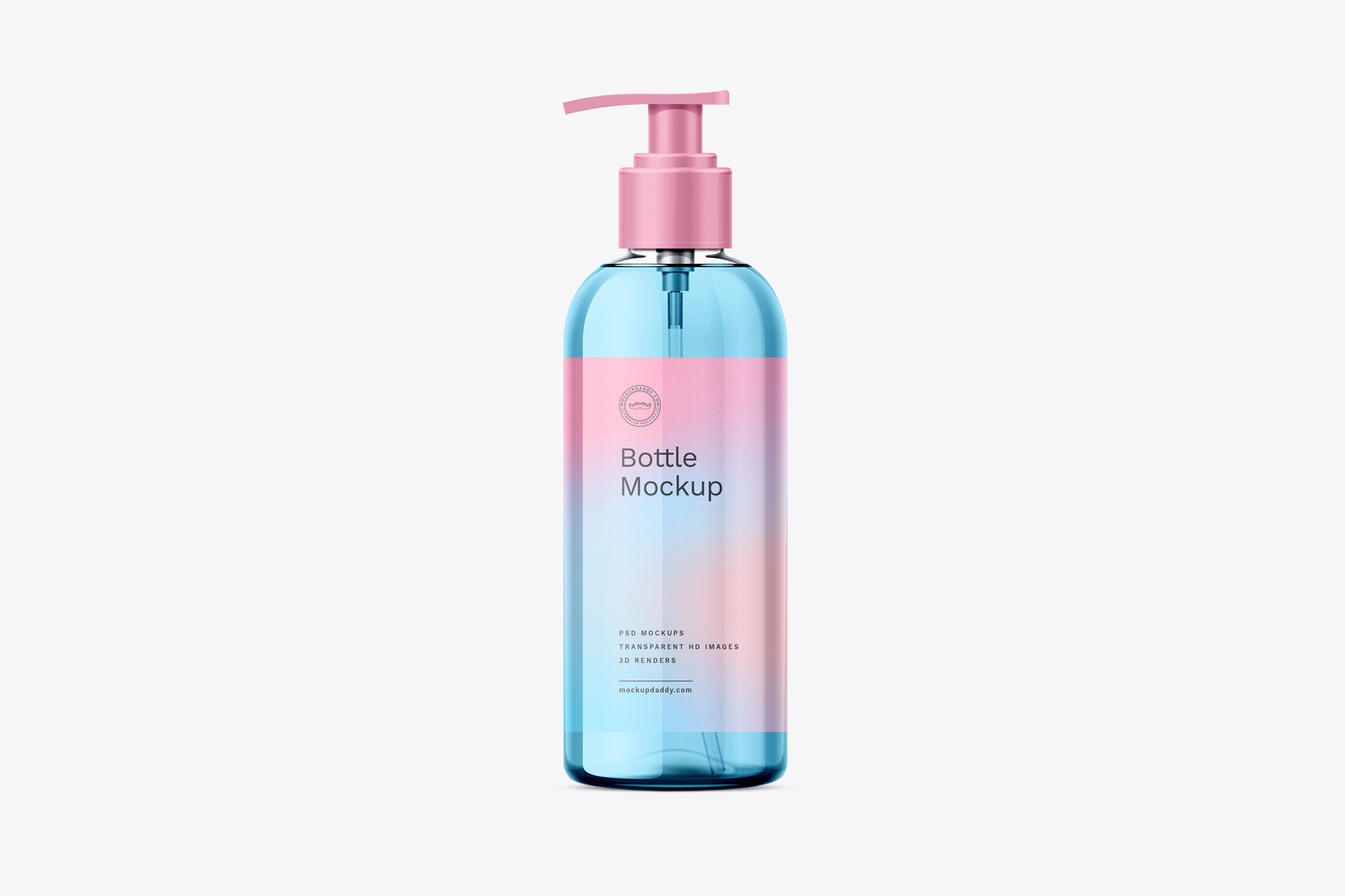 Blue and pink liquid soap bottle mockup with pump.