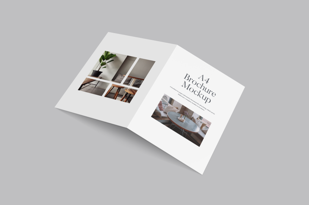 Open A4 landscape brochure mockup with geometric design
