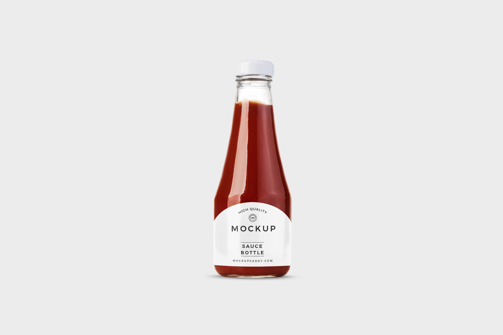 Mini Glass Ketchup Bottles Mockup on white background with customizable lable.