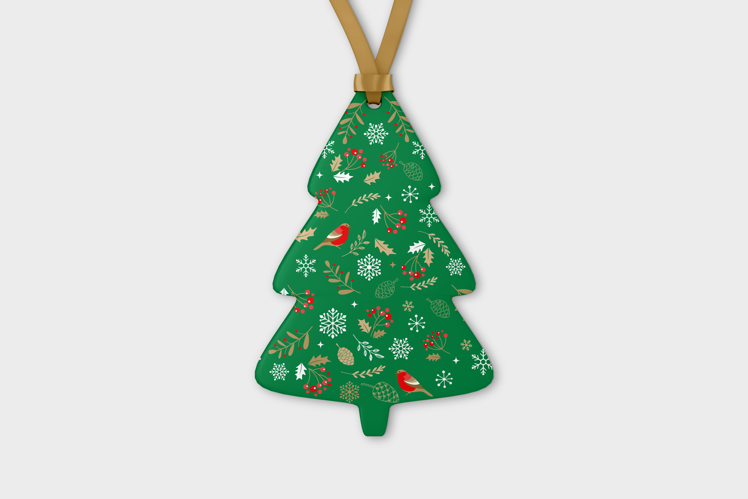 Christmas tree-shaped acrylic ornament mockup with a gold ribbon