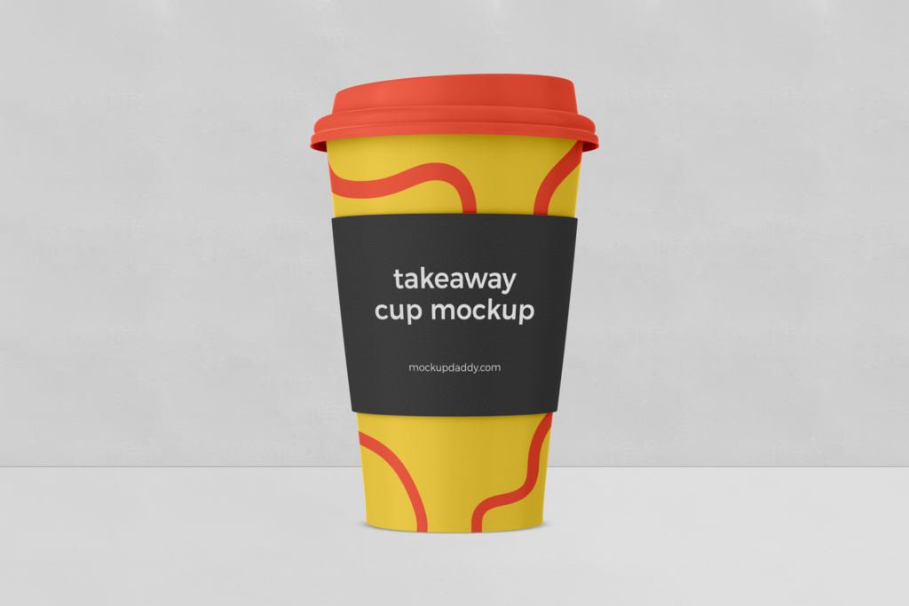 Takeaway coffee cup mockup with black lable and orange lid.