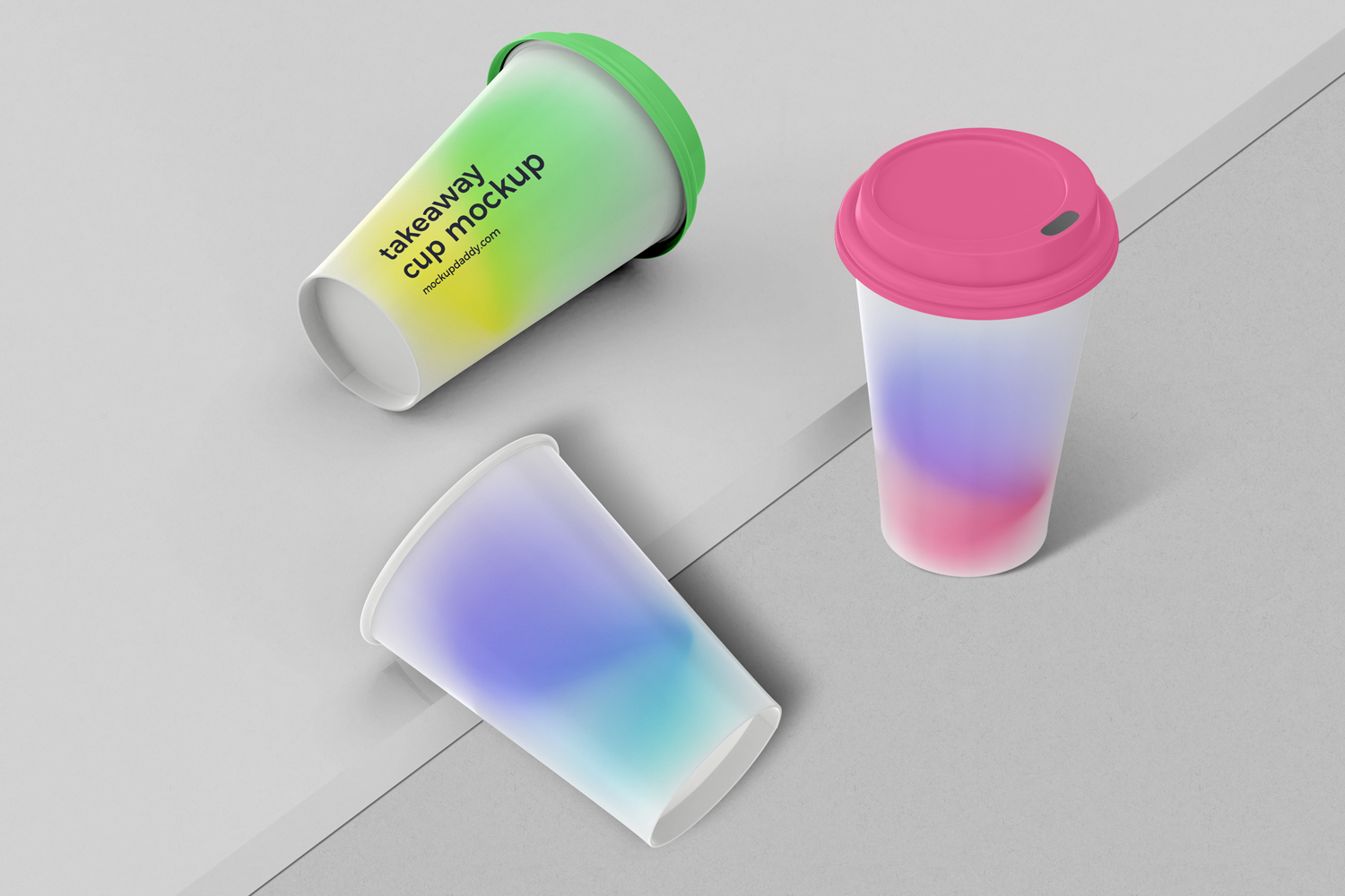 Takeaway cup mockup in different volor with green and pink lid.
