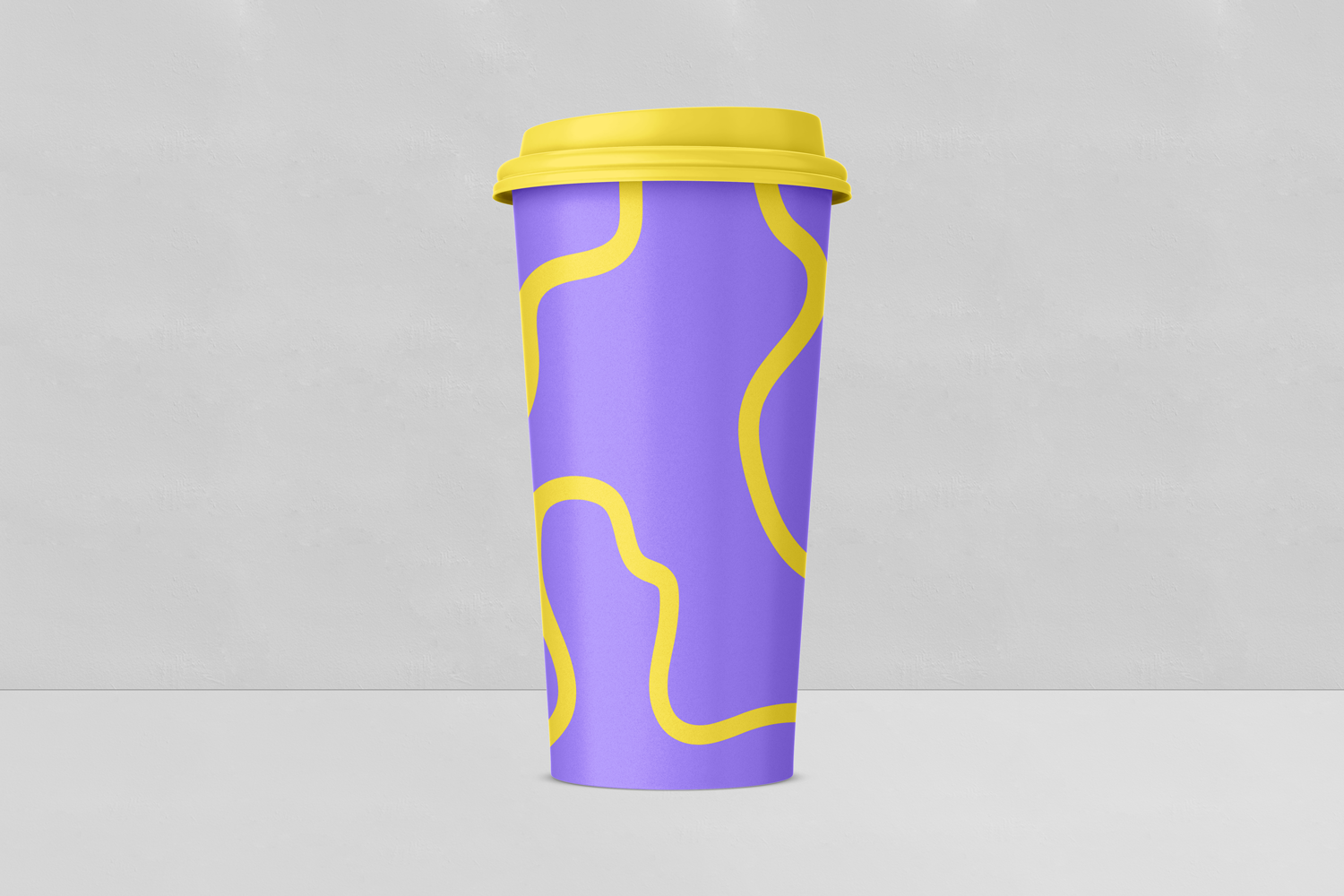 Blue Takeaway coffee cup mockup with yellow design and yellow lid.