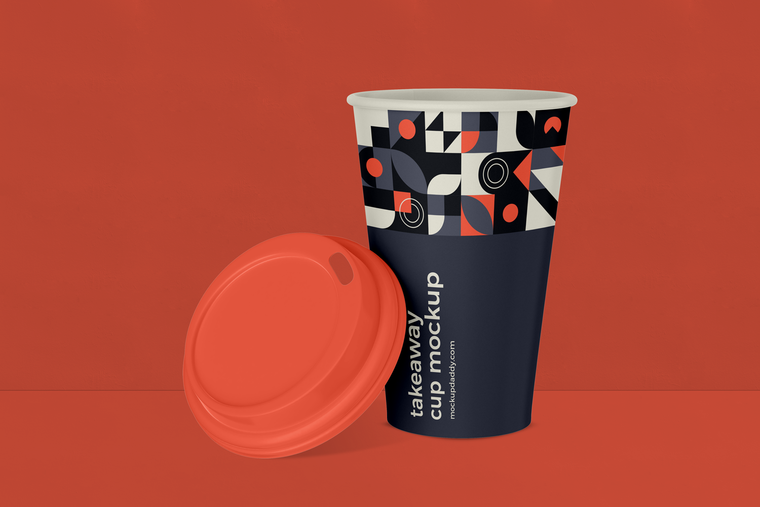 Large Takeaway coffee cup mockup with red lid and abstract design.