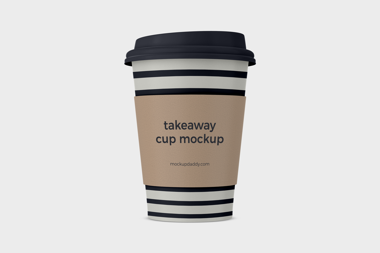 White coffee cup mockup with black sleeve and lid.
