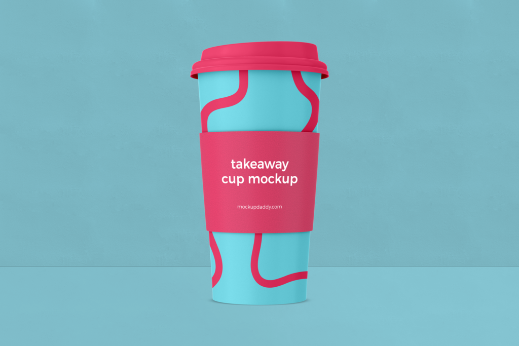 Takeaway coffee cup mockup with red lable and lid on blue background.