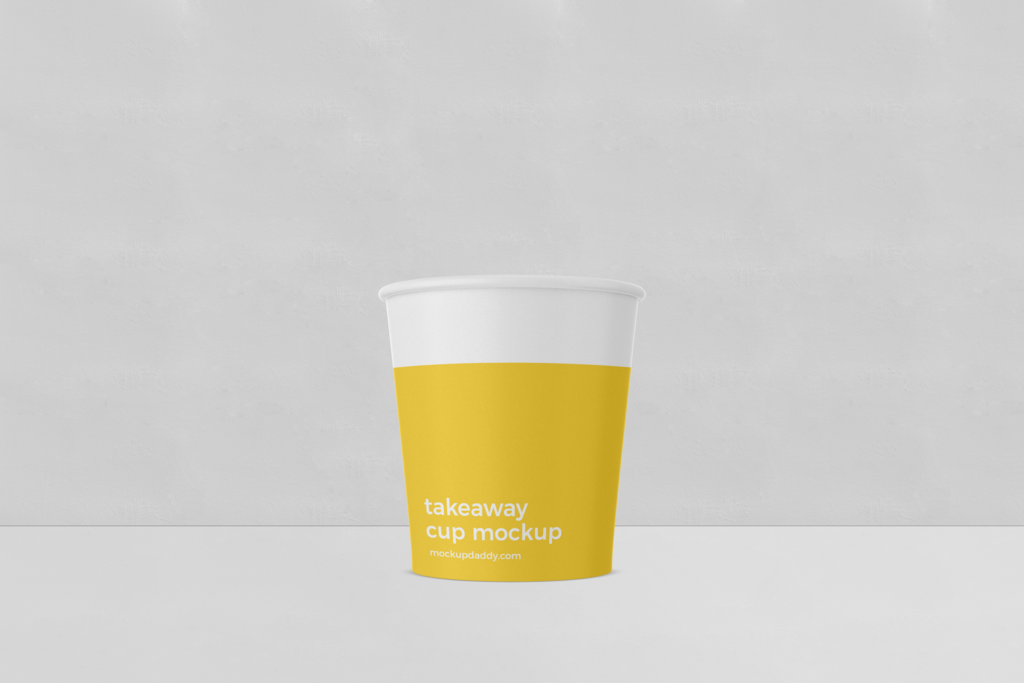  White takeaway coffee cup mockup with yellow lable.