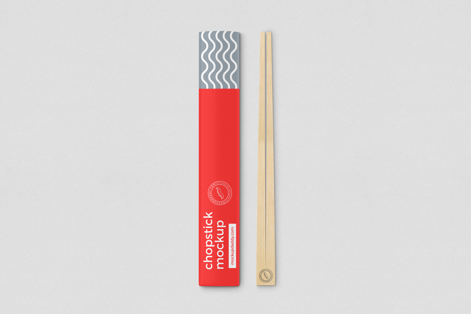 Mockup of chopsticks packaging with customizable label and white background. 