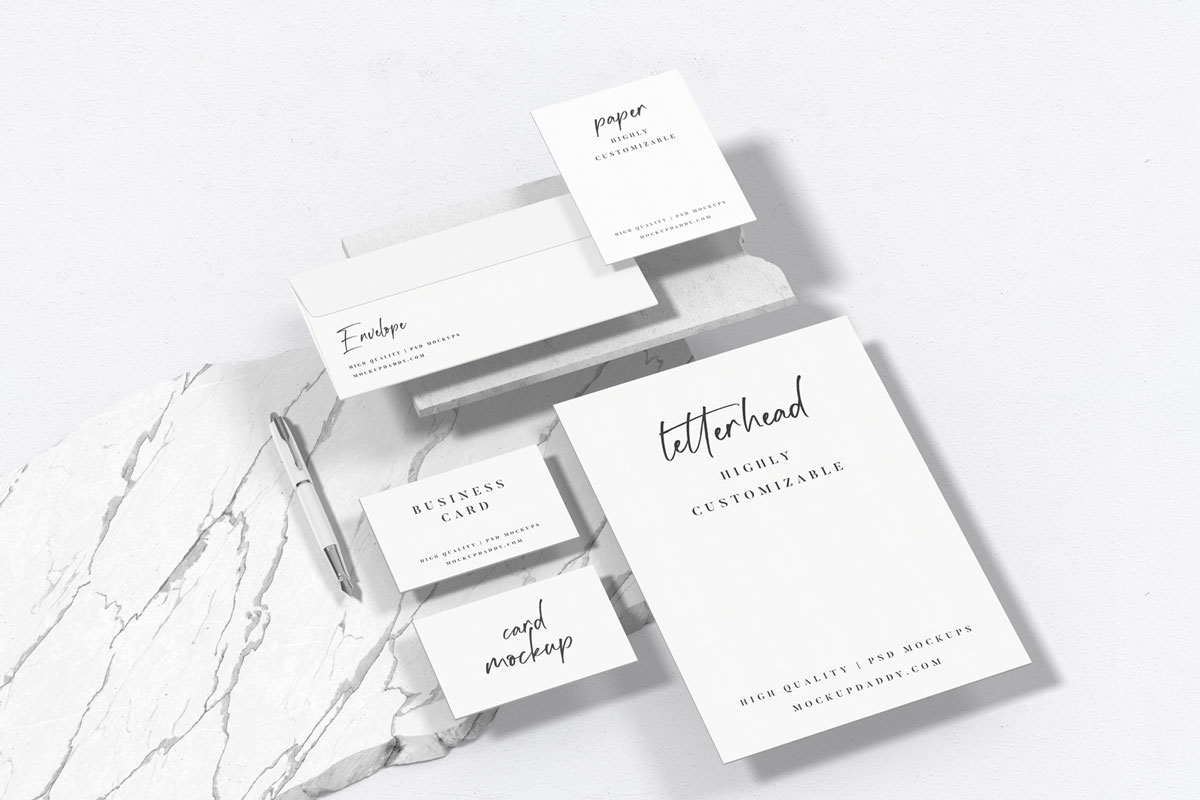 Black and white marble texture branding mockup with stationery items
