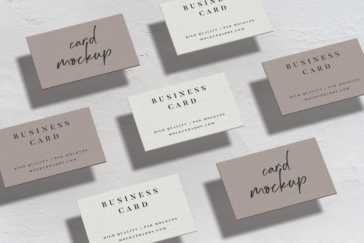 Stacked business card mockups in top angle view
