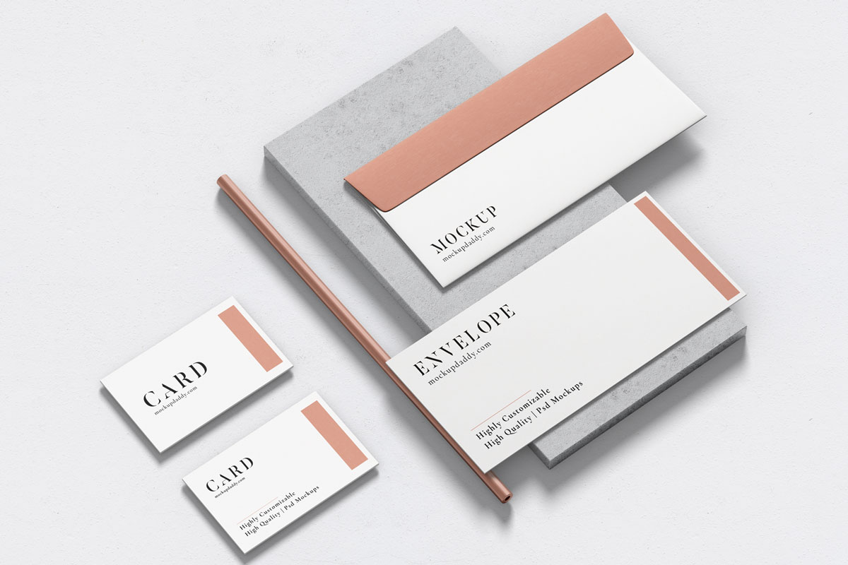 Free stationery branding mockup with clipboard, pencil, paper, and box