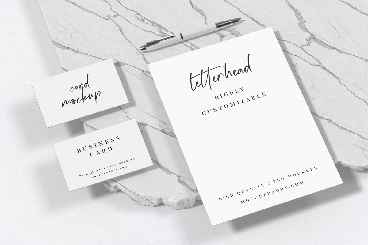 Black and white marble texture mockup with letterhead and business cards