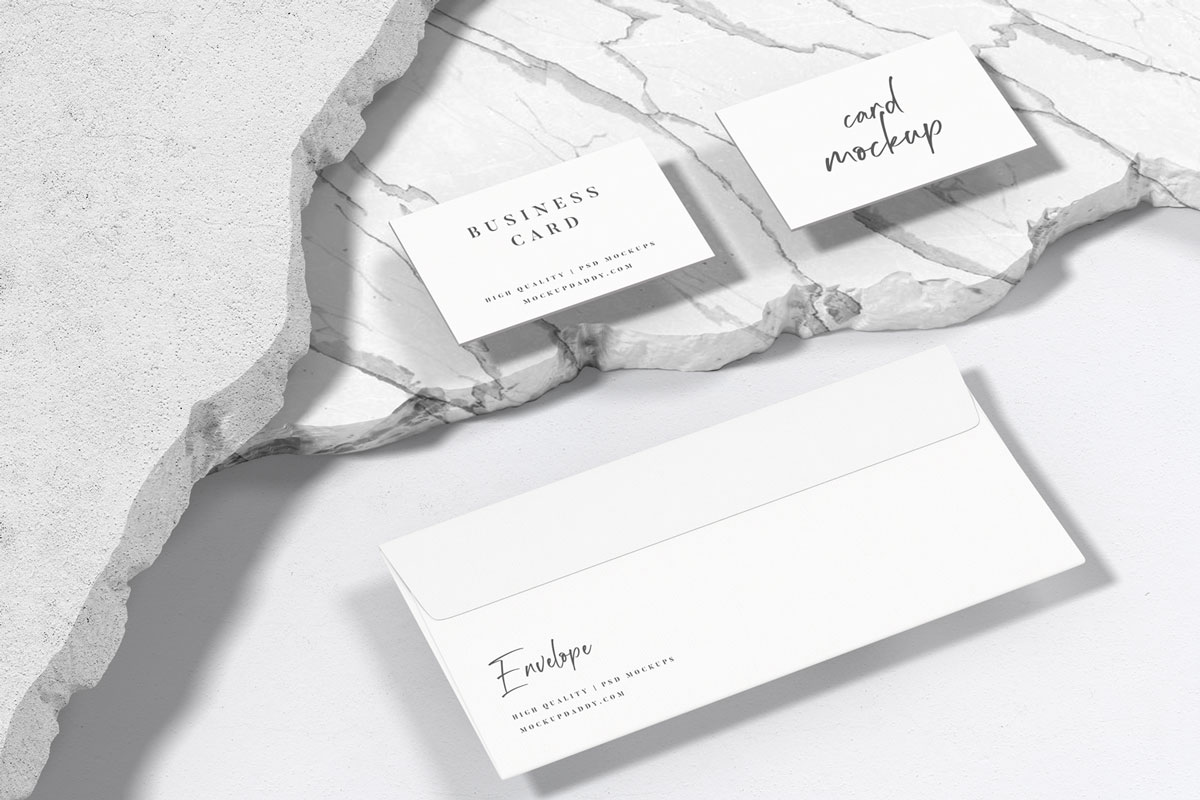 Black and white marble texture branding mockup with business cards and A4 paper