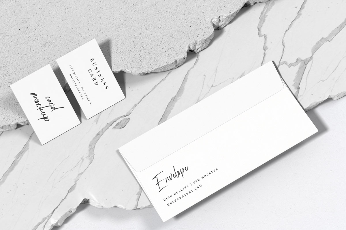 Black and white marble texture branding mockup with business cards and envelopes