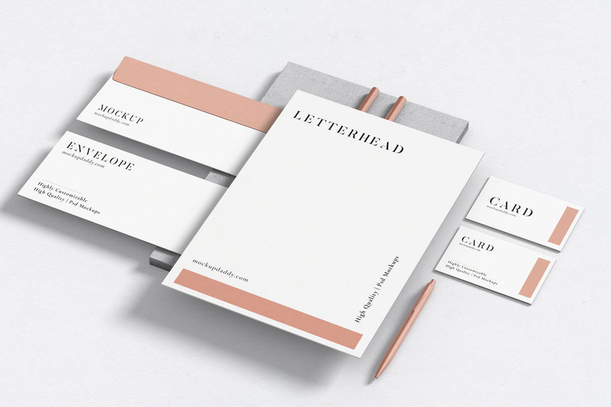 Stationery branding mockup with letterhead, envelope, and business card