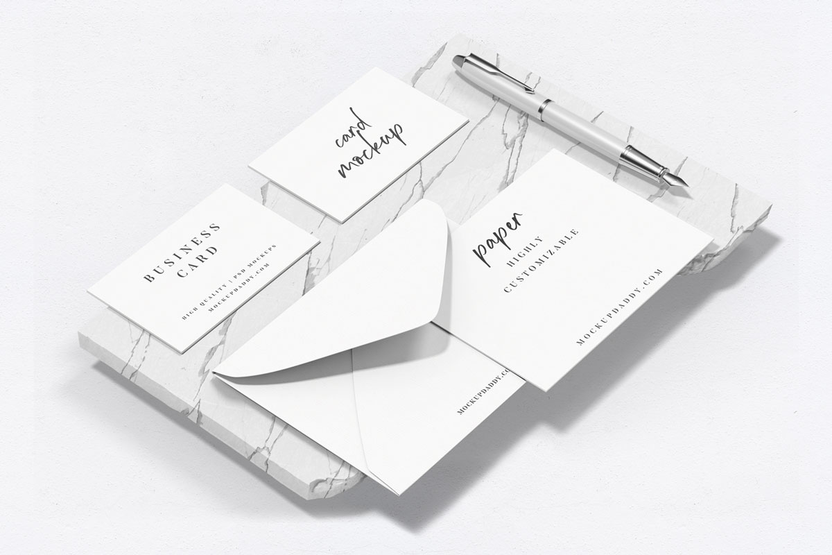Black and white marble texture branding mockup with business cards and envelopes